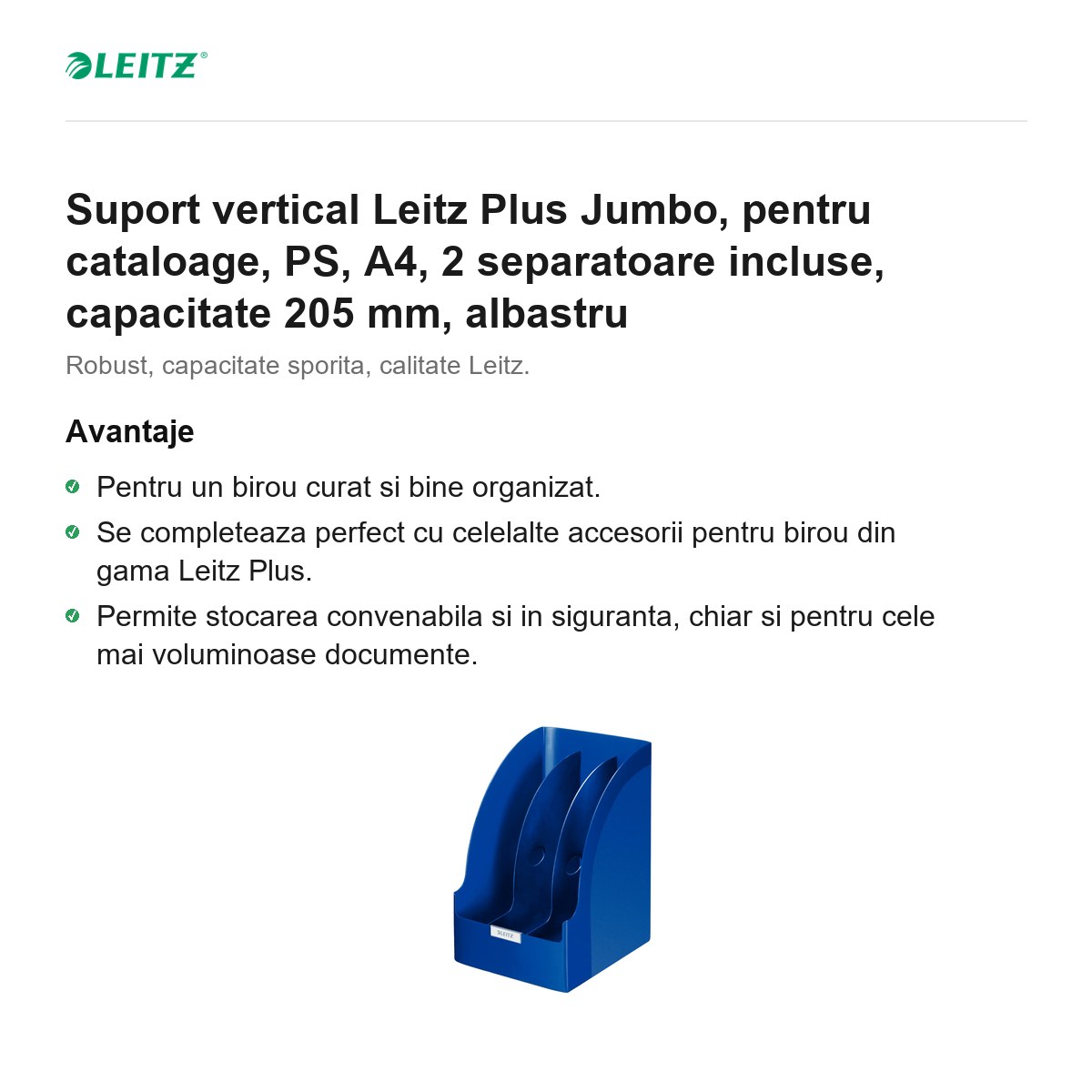 Suport vertical Leitz Plus Jumbo, pentru cataloage, PS, A4, 2 separatoare incluse, capacitate 205 mm, albastru [1]