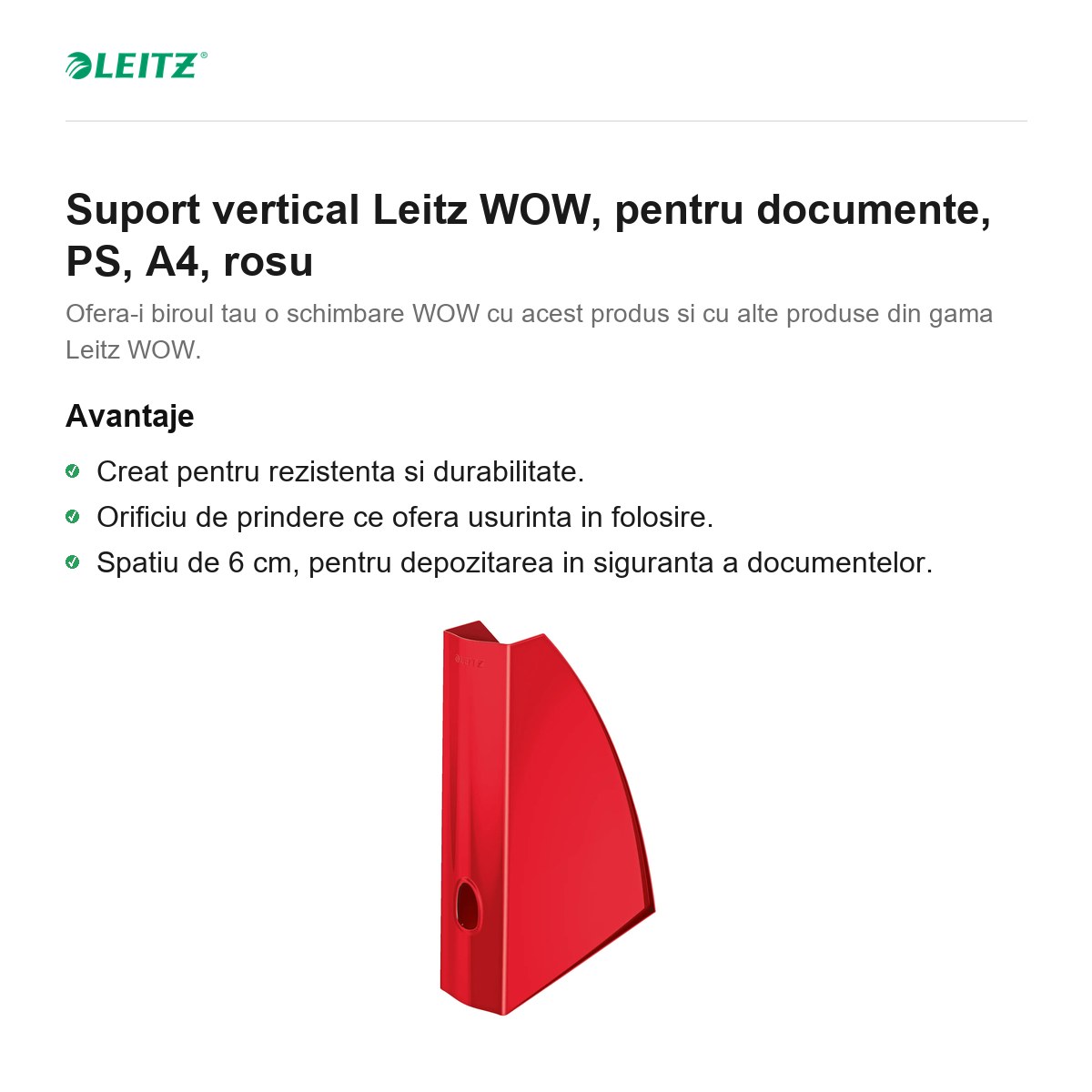 Suport vertical Leitz WOW, pentru documente, PS, A4, rosu [1]