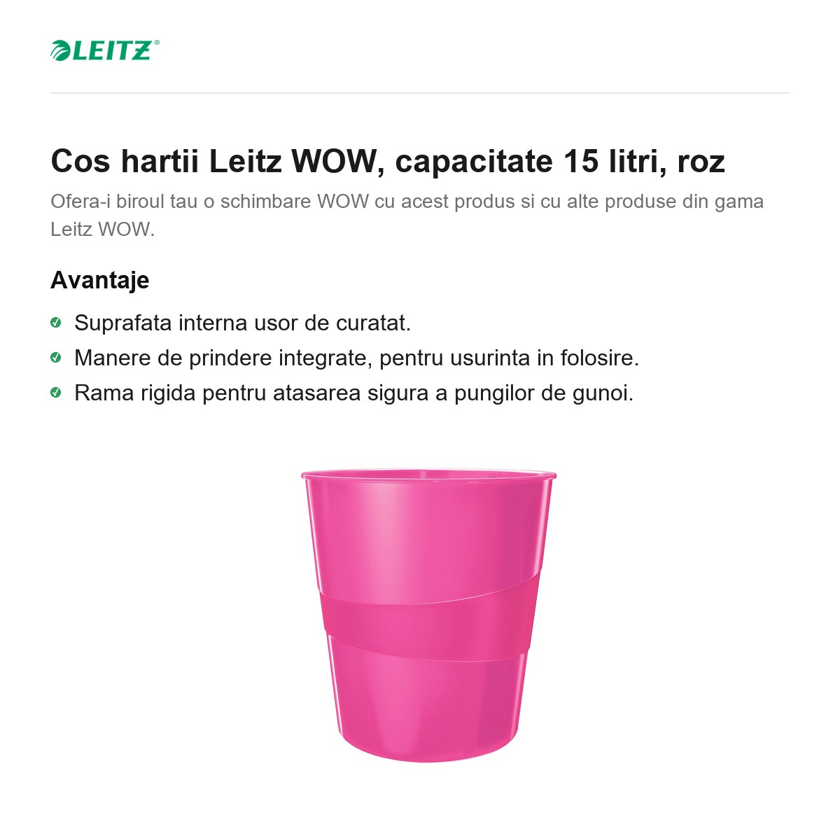 Cos hartii Leitz WOW, capacitate 15 litri, roz [1]