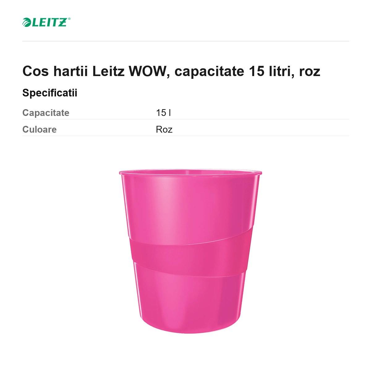 Cos hartii Leitz WOW, capacitate 15 litri, roz [2]