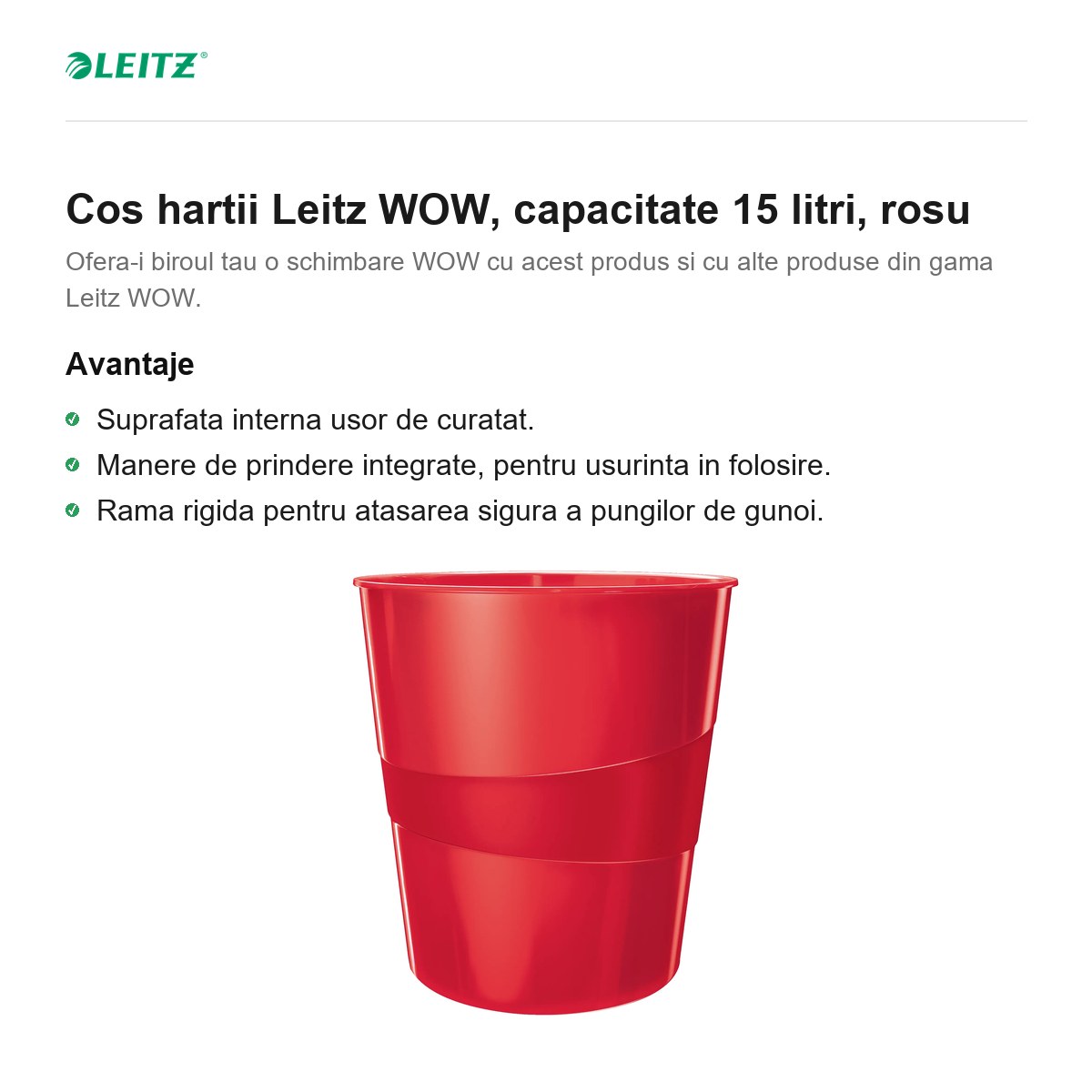 Cos hartii Leitz WOW, capacitate 15 litri, rosu [1]