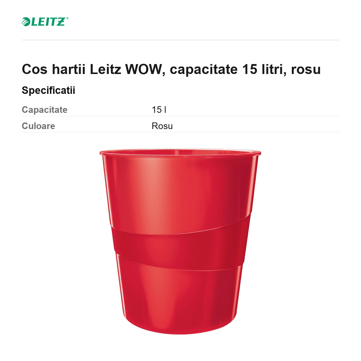 Cos hartii Leitz WOW, capacitate 15 litri, rosu [2]