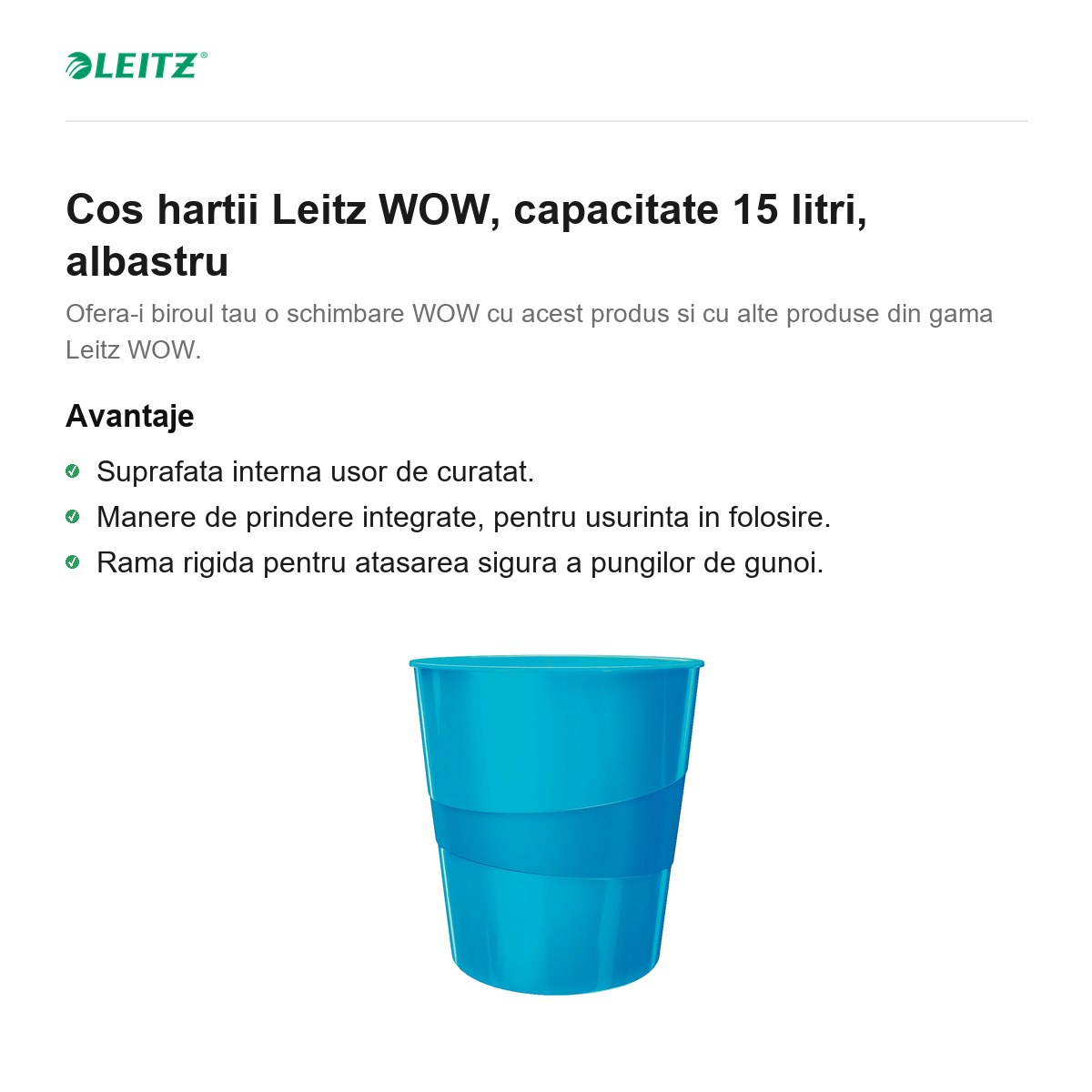 Cos hartii Leitz WOW, capacitate 15 litri, albastru [1]