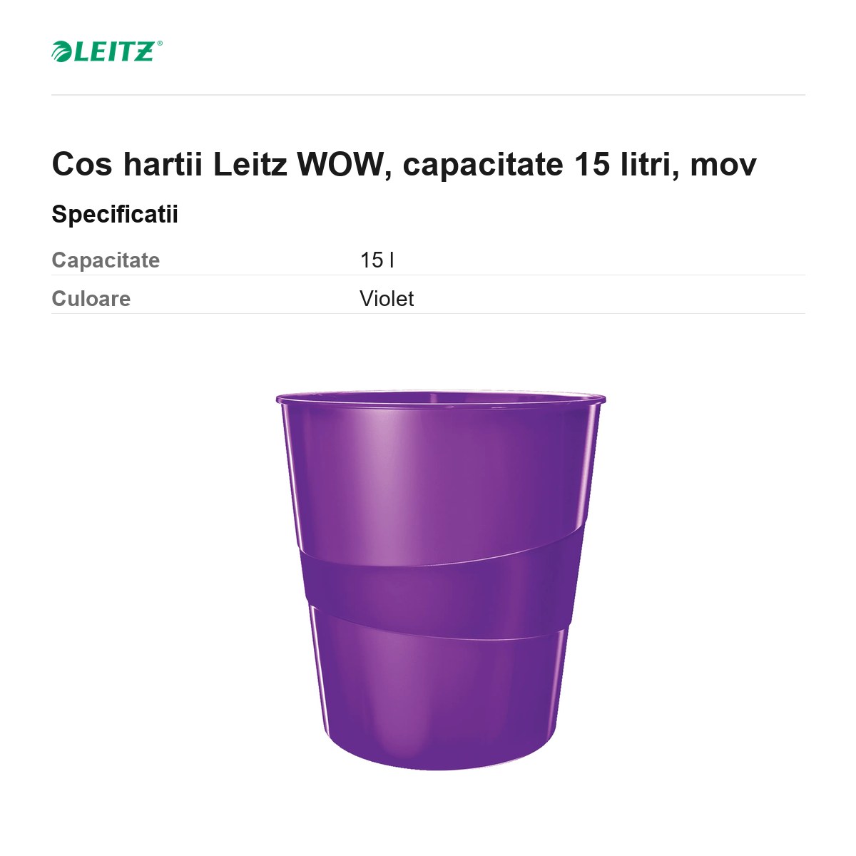 Cos hartii Leitz WOW, capacitate 15 litri, mov [2]