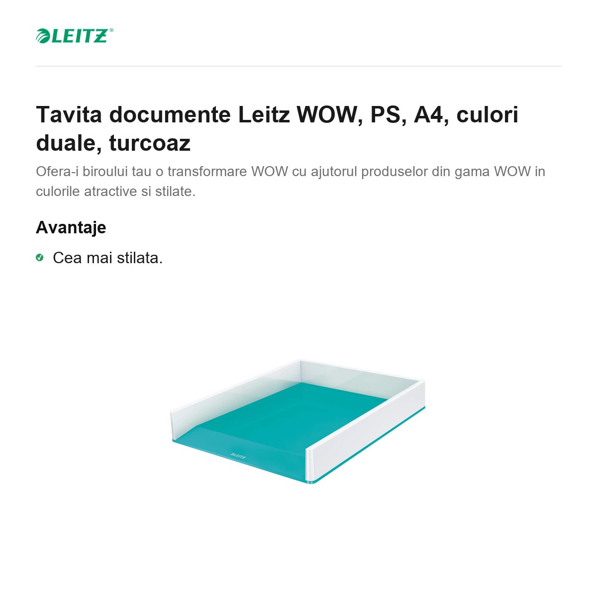 Tavita documente Leitz WOW, PS, A4, culori duale, turcoaz [1]