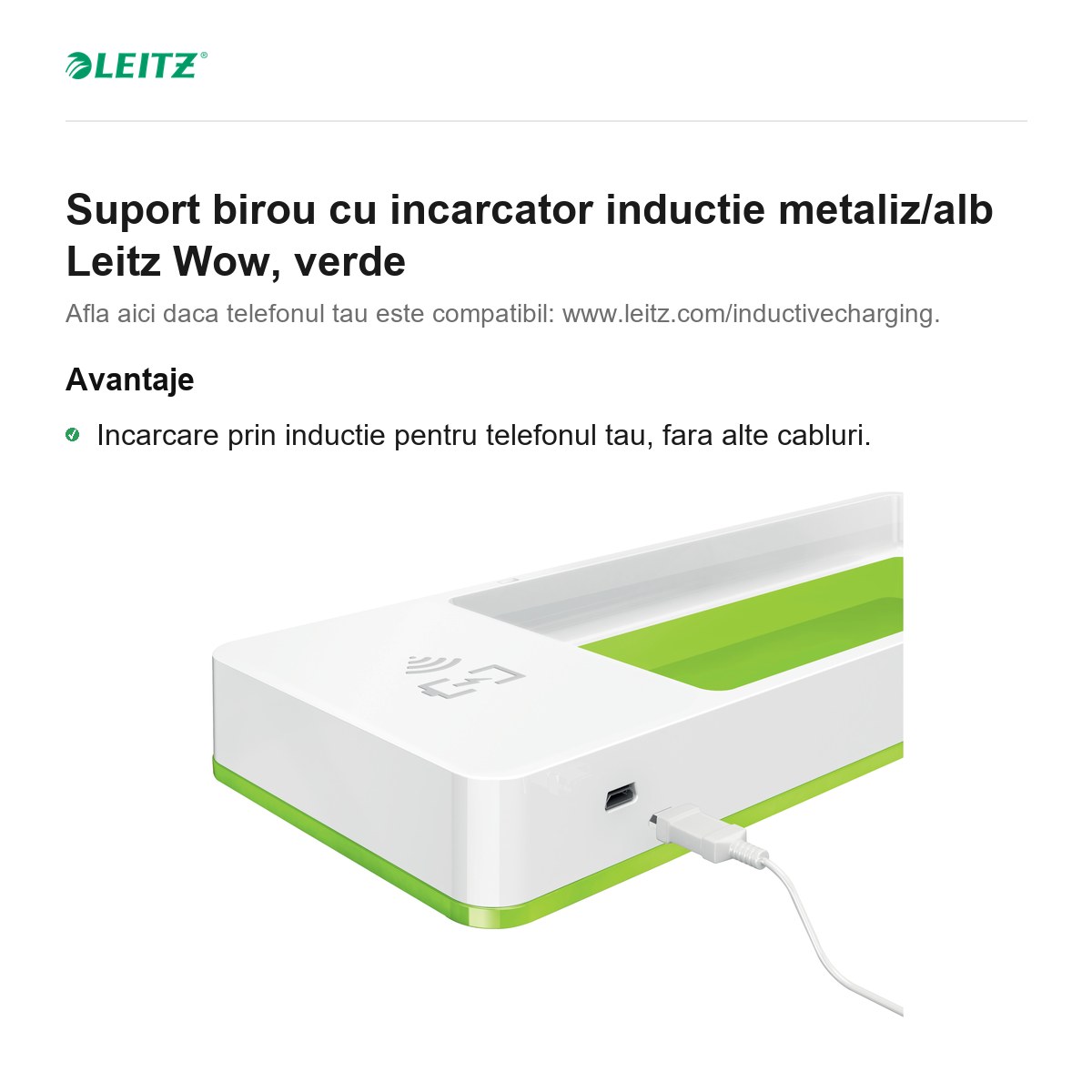 Suport birou cu incarcator inductie metaliz/alb Leitz Wow, verde [1]
