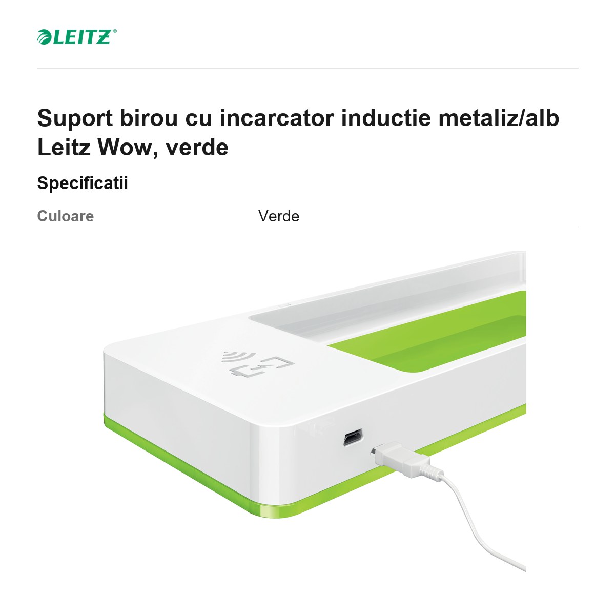 Suport birou cu incarcator inductie metaliz/alb Leitz Wow, verde [2]