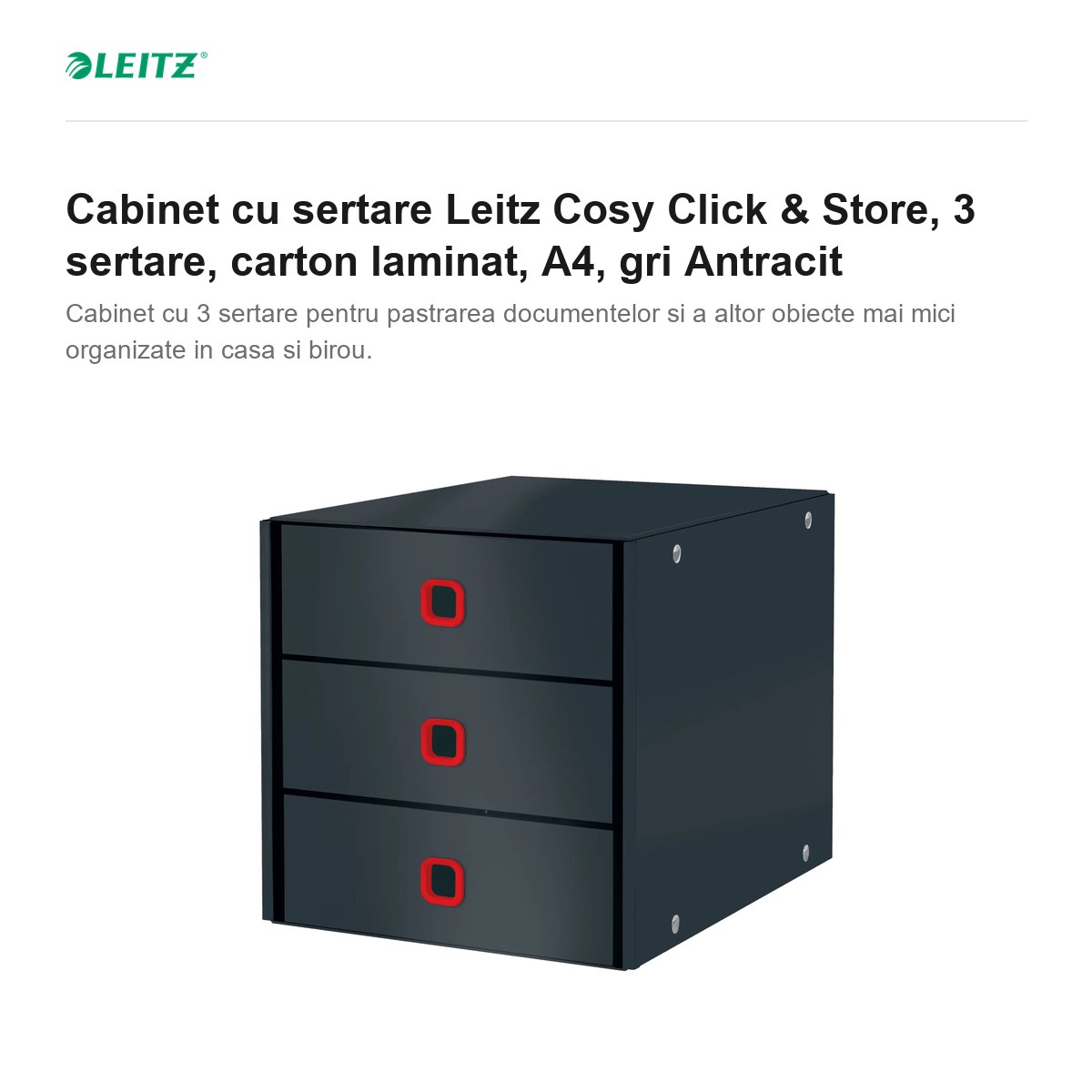 Cabinet cu sertare Leitz Cosy Click & Store, 3 sertare, carton laminat, A4, gri Antracit [1]
