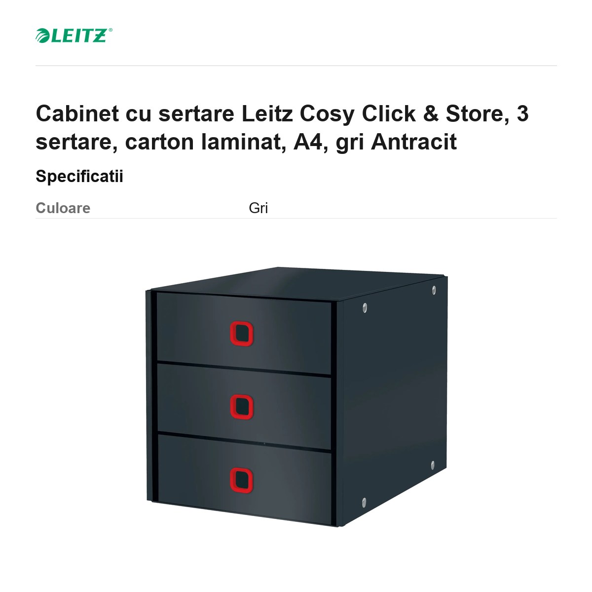Cabinet cu sertare Leitz Cosy Click & Store, 3 sertare, carton laminat, A4, gri Antracit [2]