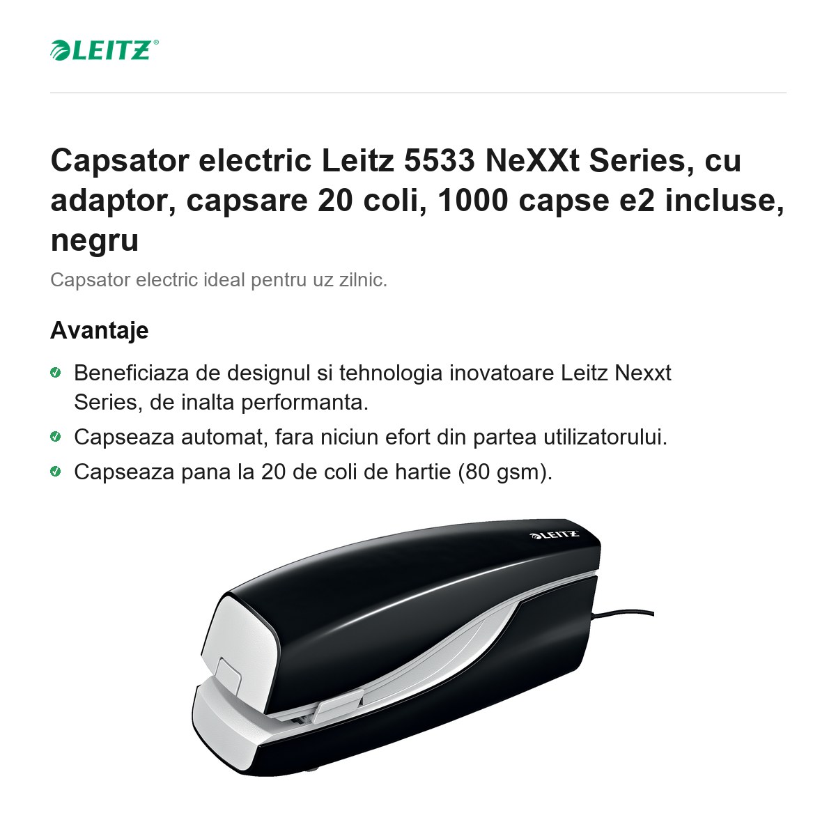 Capsator electric Leitz 5533 NeXXt Series, cu adaptor, capsare 20 coli, 1000 capse e2 incluse, negru [1]