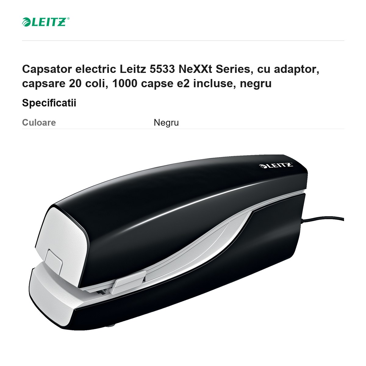 Capsator electric Leitz 5533 NeXXt Series, cu adaptor, capsare 20 coli, 1000 capse e2 incluse, negru [2]
