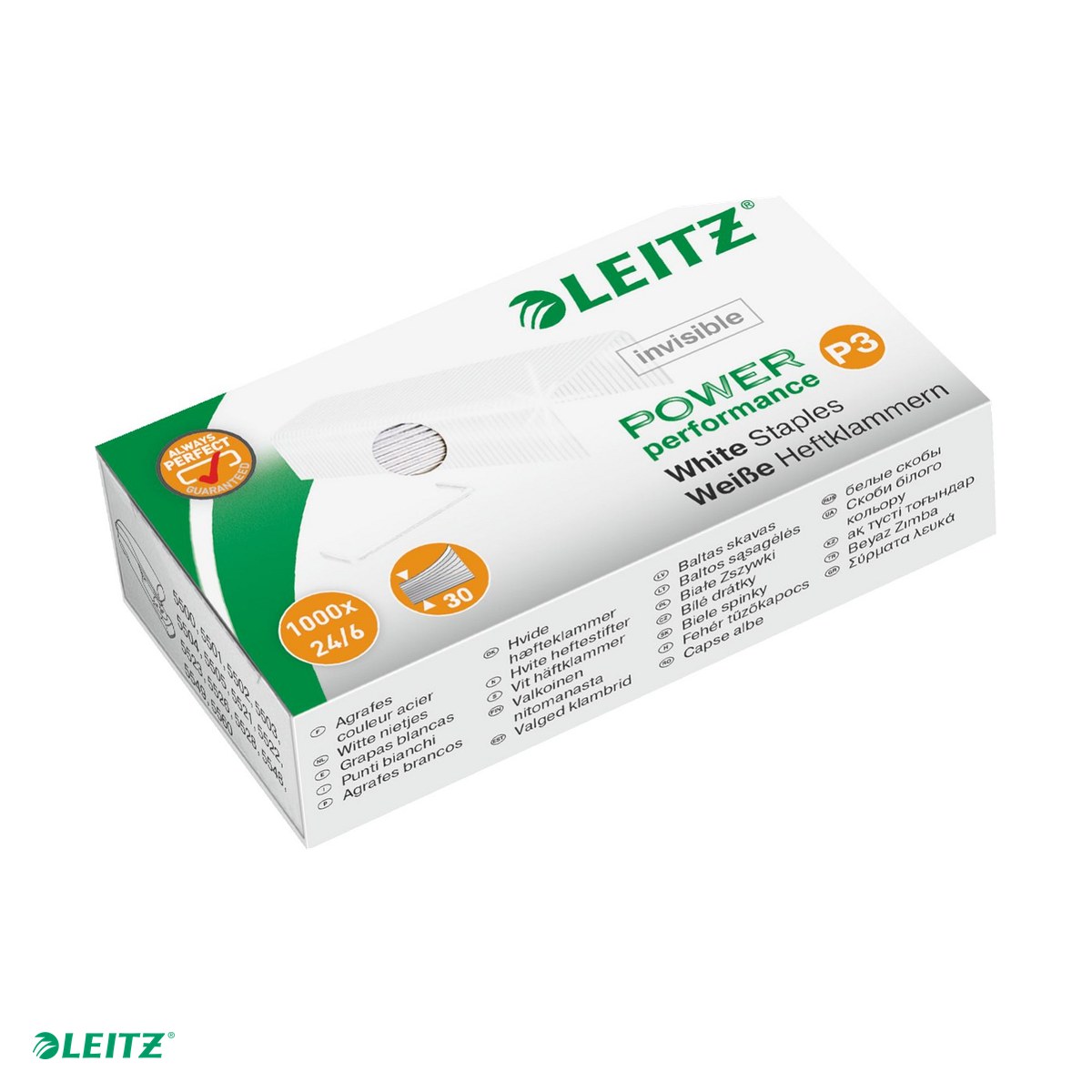Capse pentru capsator - Cutie 1000 capse Leitz Power Performance, P3, 24/6, 2-30 coli, albe, alb
