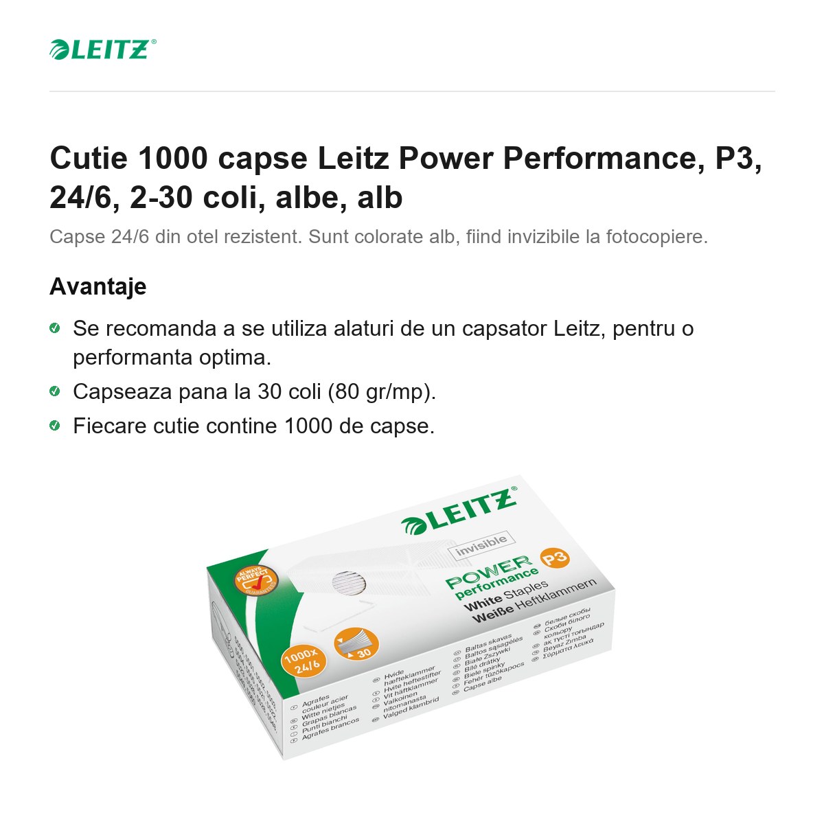 Cutie 1000 capse Leitz Power Performance, P3, 24/6, 2-30 coli, albe, alb [1]