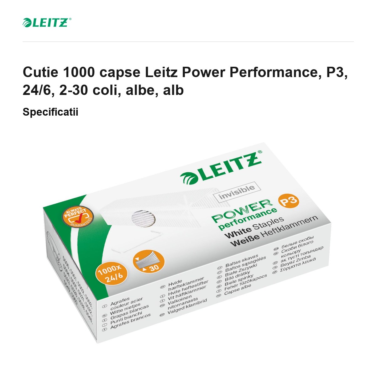 Cutie 1000 capse Leitz Power Performance, P3, 24/6, 2-30 coli, albe, alb [2]
