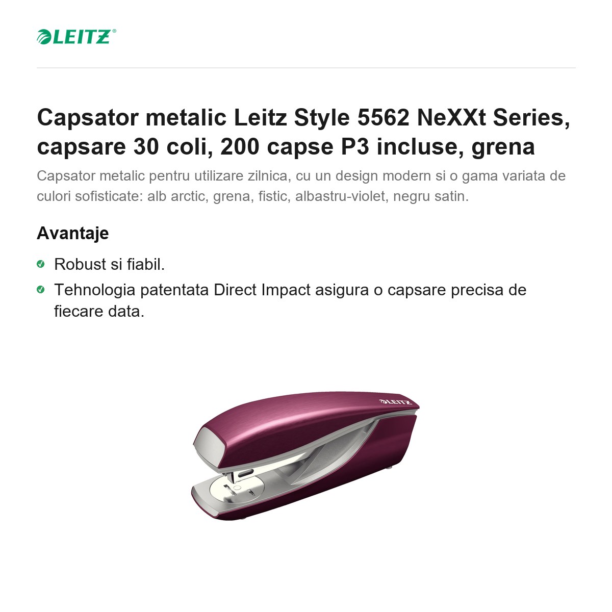 Capsator metalic Leitz Style 5562 NeXXt Series, capsare 30 coli, 200 capse P3 incluse, grena [1]