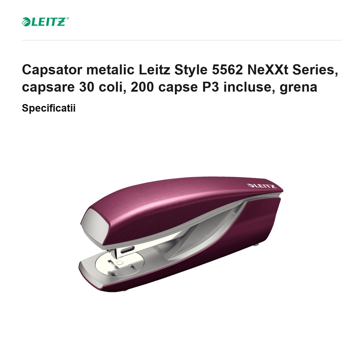 Capsator metalic Leitz Style 5562 NeXXt Series, capsare 30 coli, 200 capse P3 incluse, grena [2]