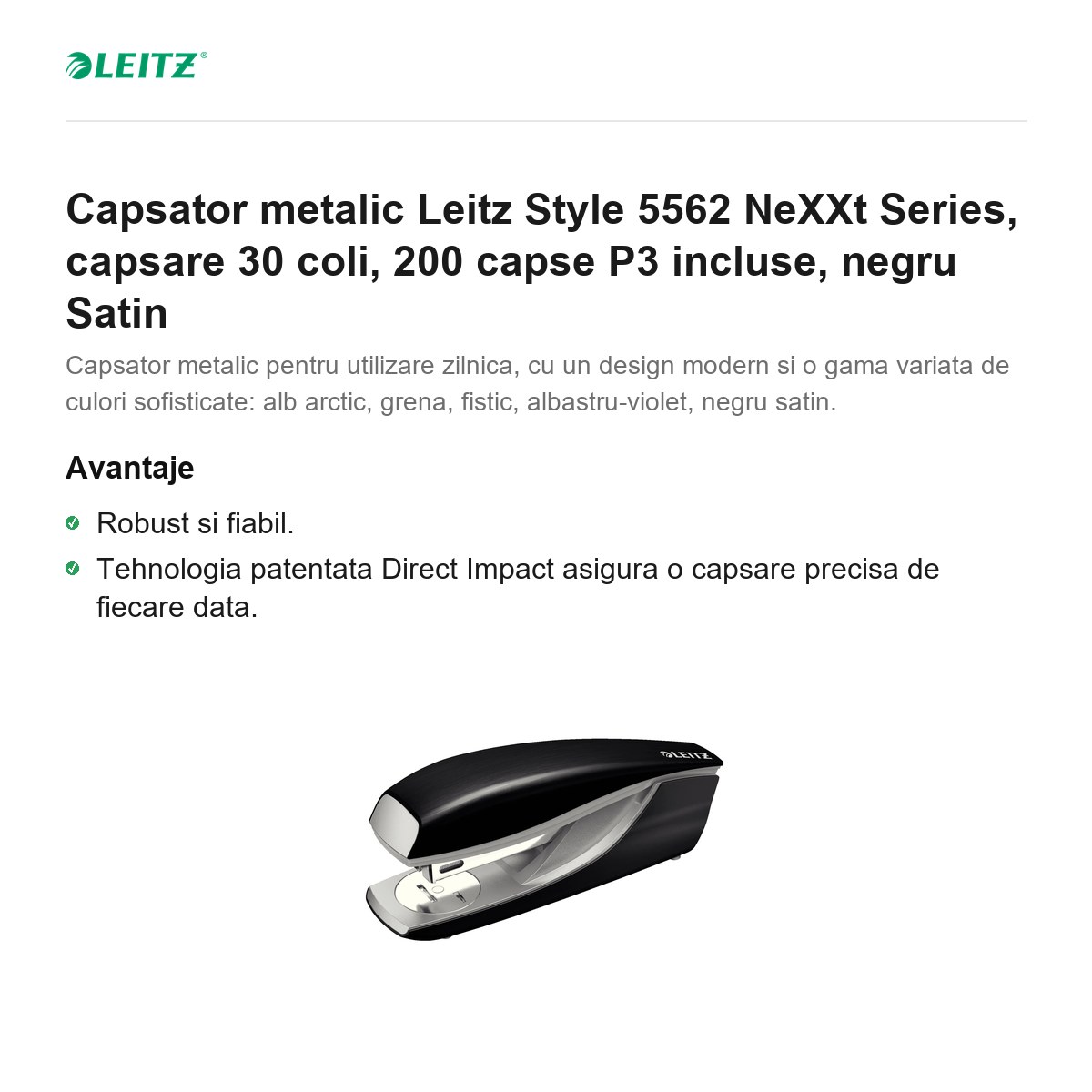 Capsator metalic Leitz Style 5562 NeXXt Series, capsare 30 coli, 200 capse P3 incluse, negru Satin [1]