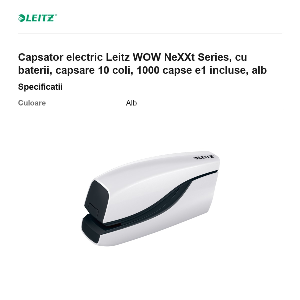 Capsator electric Leitz WOW NeXXt Series, cu baterii, capsare 10 coli, 1000 capse e1 incluse, alb [2]