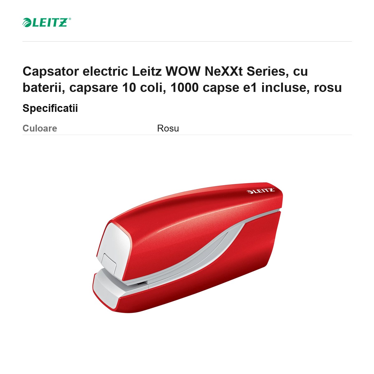 Capsator electric Leitz WOW NeXXt Series, cu baterii, capsare 10 coli, 1000 capse e1 incluse, rosu [2]