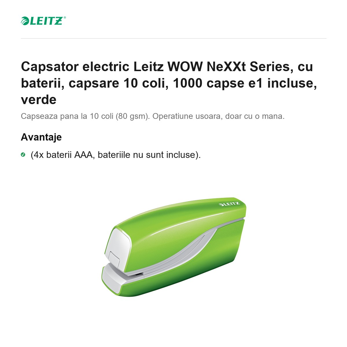 Capsator electric Leitz WOW NeXXt Series, cu baterii, capsare 10 coli, 1000 capse e1 incluse, verde [1]