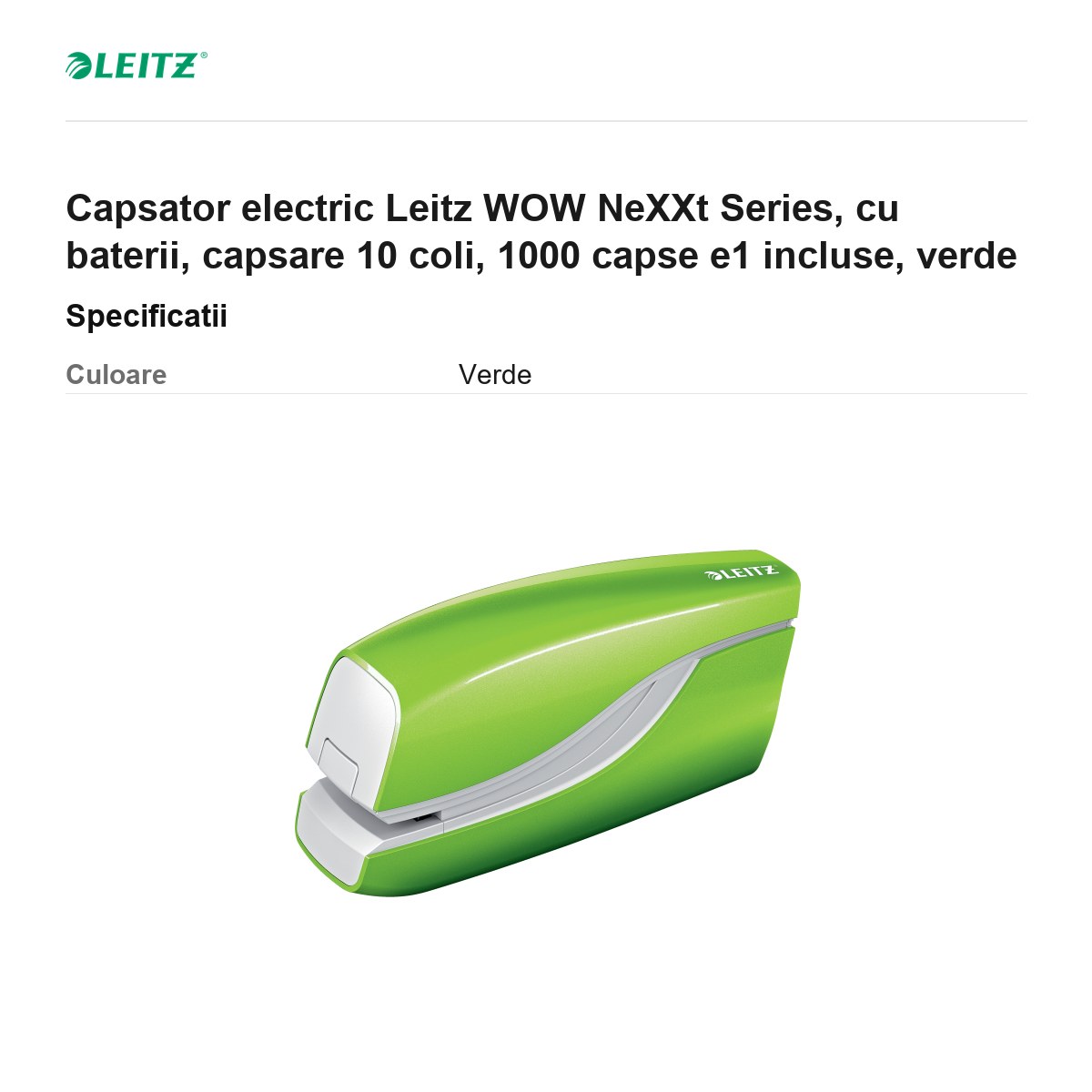 Capsator electric Leitz WOW NeXXt Series, cu baterii, capsare 10 coli, 1000 capse e1 incluse, verde [2]