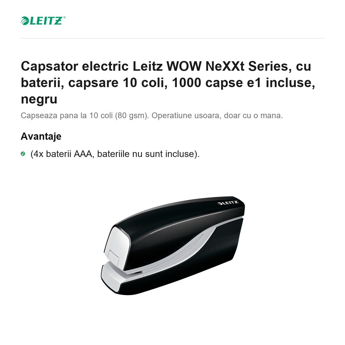 Capsator electric Leitz WOW NeXXt Series, cu baterii, capsare 10 coli, 1000 capse e1 incluse, negru [1]