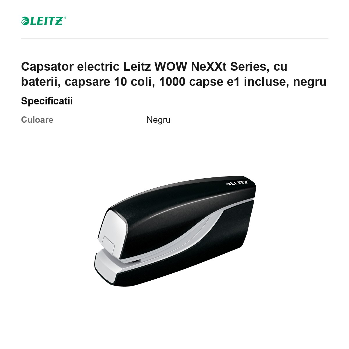 Capsator electric Leitz WOW NeXXt Series, cu baterii, capsare 10 coli, 1000 capse e1 incluse, negru [2]