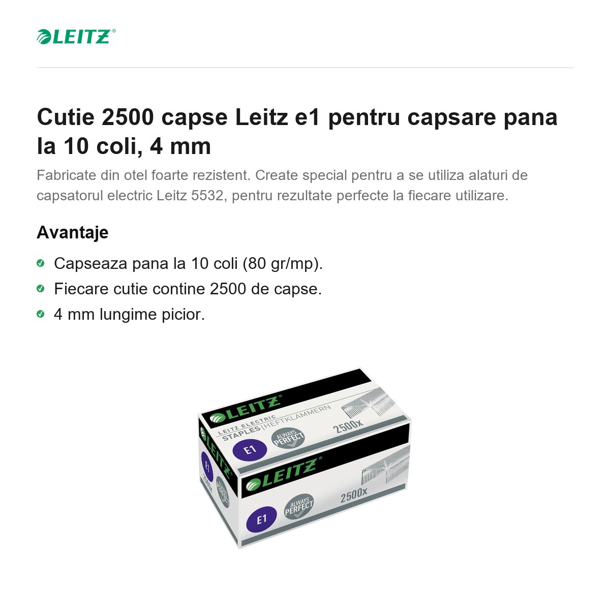 Cutie 2500 capse Leitz e1 pentru capsare pana la 10 coli, 4 mm [1]