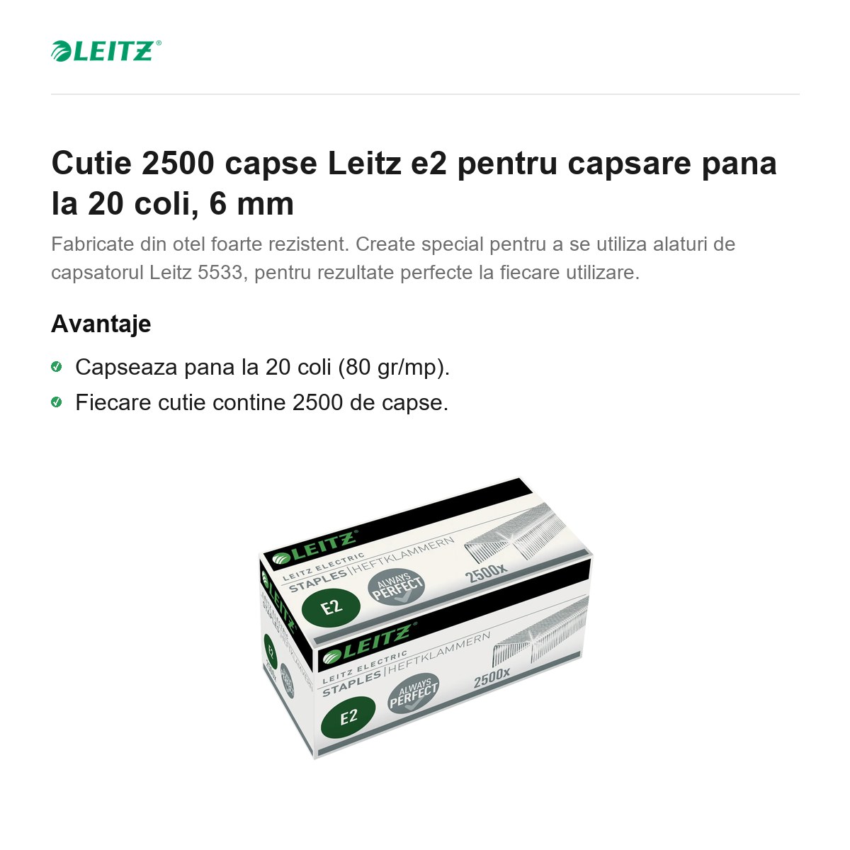 Cutie 2500 capse Leitz e2 pentru capsare pana la 20 coli, 6 mm [1]
