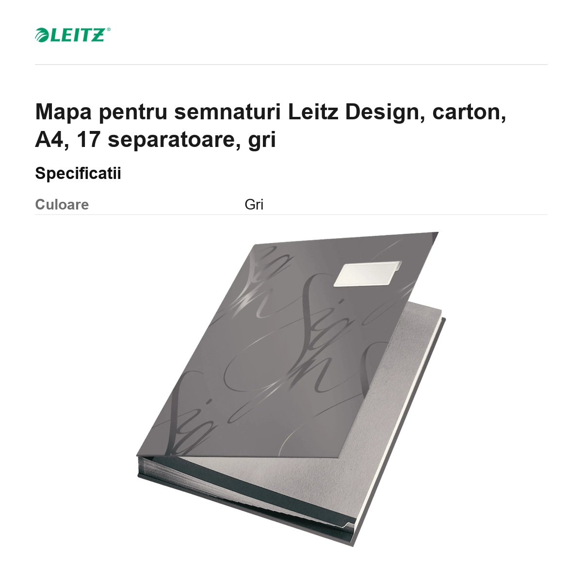 Mapa pentru semnaturi Leitz Design, carton, A4, 17 separatoare, gri [2]