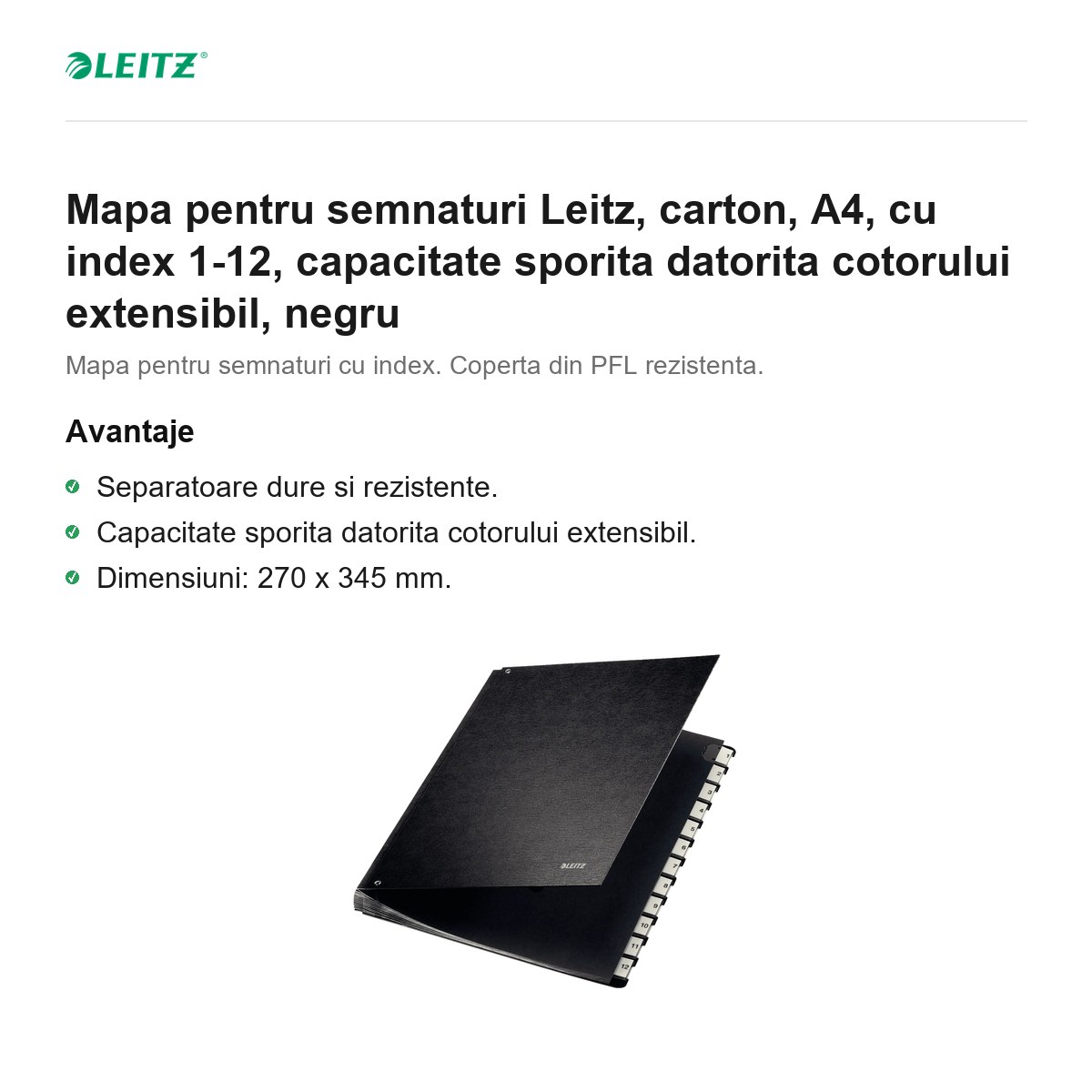 Mapa pentru semnaturi Leitz, carton, A4, cu index 1-12, capacitate sporita datorita cotorului extensibil, negru [1]