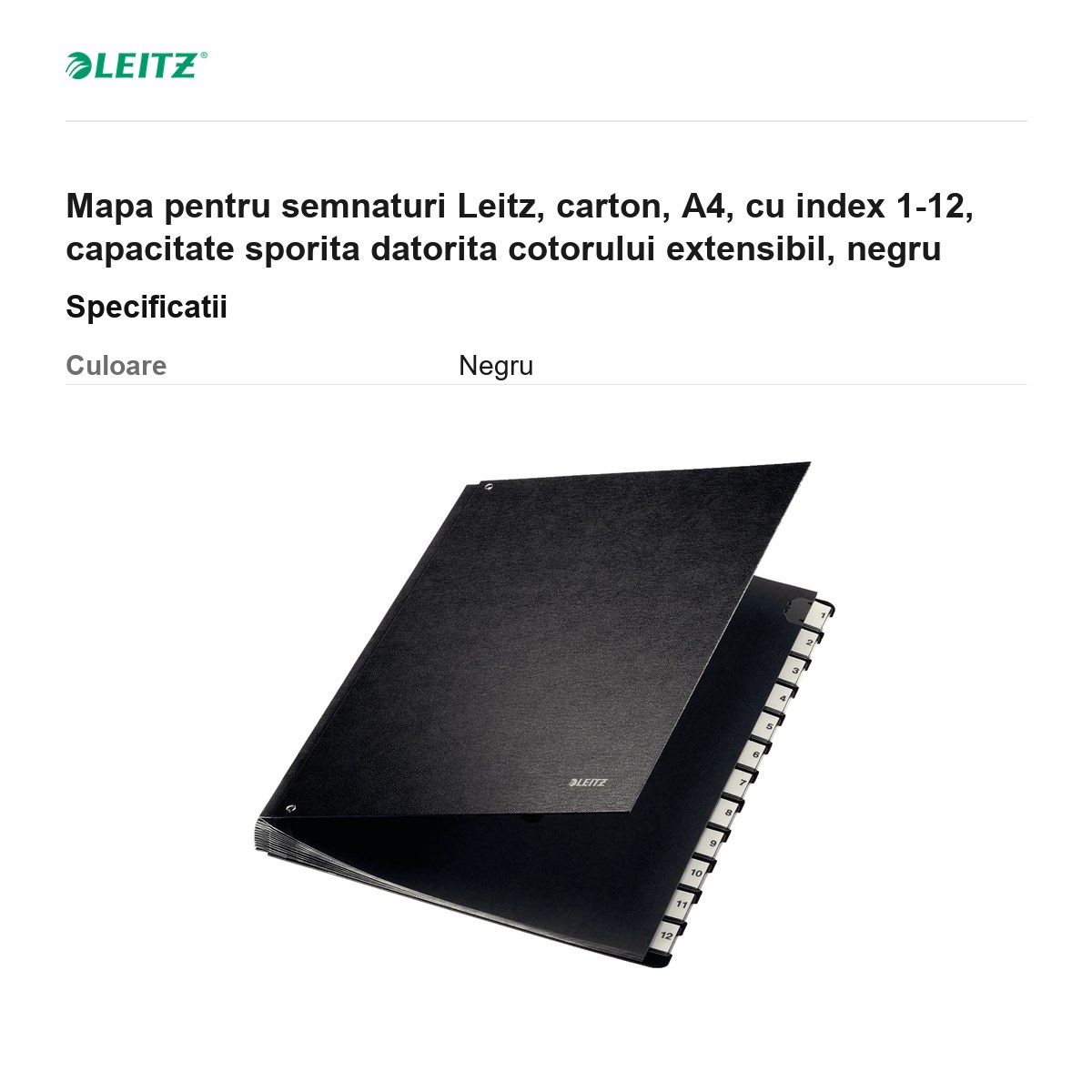 Mapa pentru semnaturi Leitz, carton, A4, cu index 1-12, capacitate sporita datorita cotorului extensibil, negru [2]