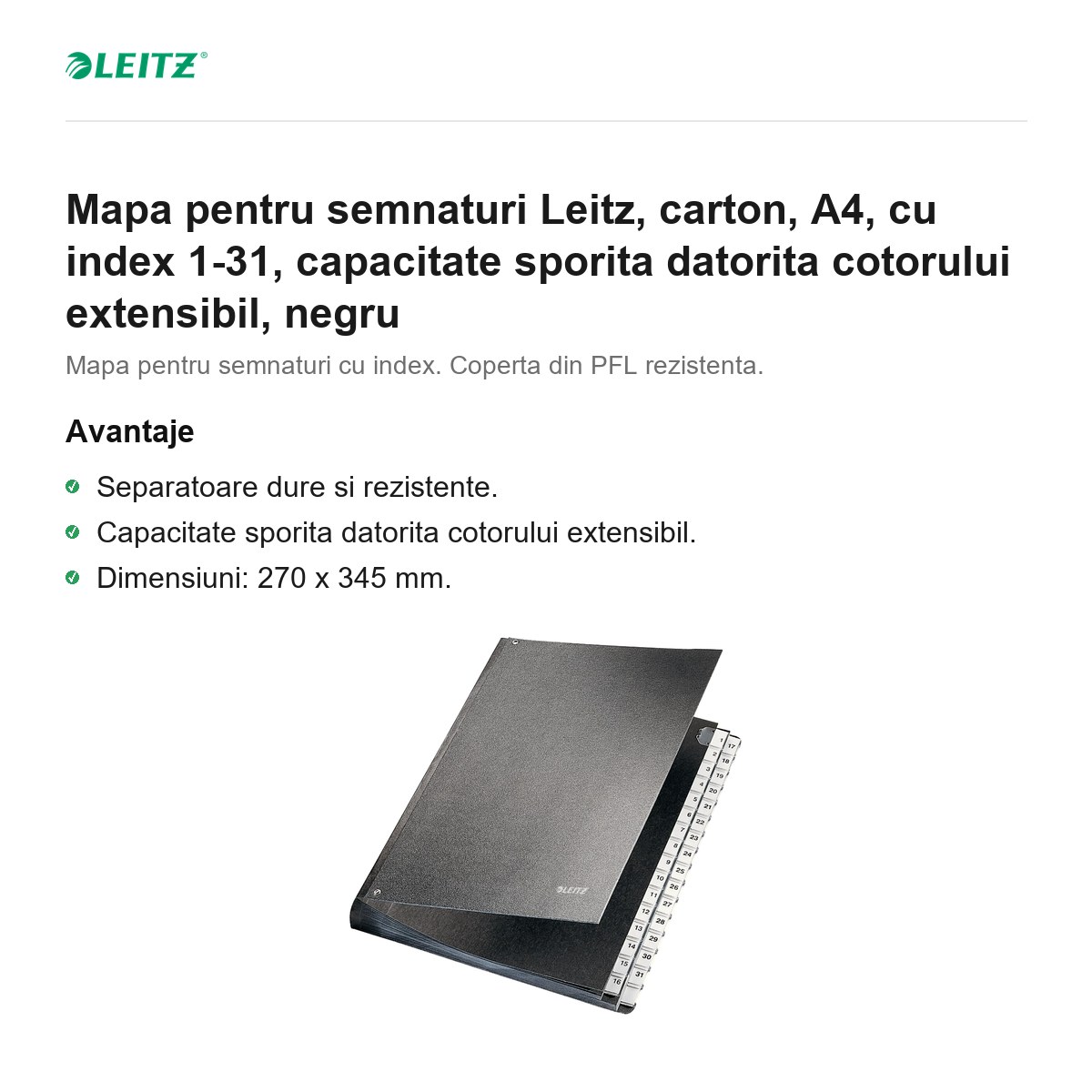 Mapa pentru semnaturi Leitz, carton, A4, cu index 1-31, capacitate sporita datorita cotorului extensibil, negru [1]