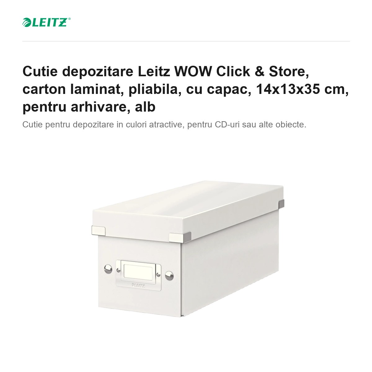 Cutie depozitare Leitz WOW Click & Store, carton laminat, pliabila, cu capac, 14x13x35 cm, pentru arhivare, alb [1]