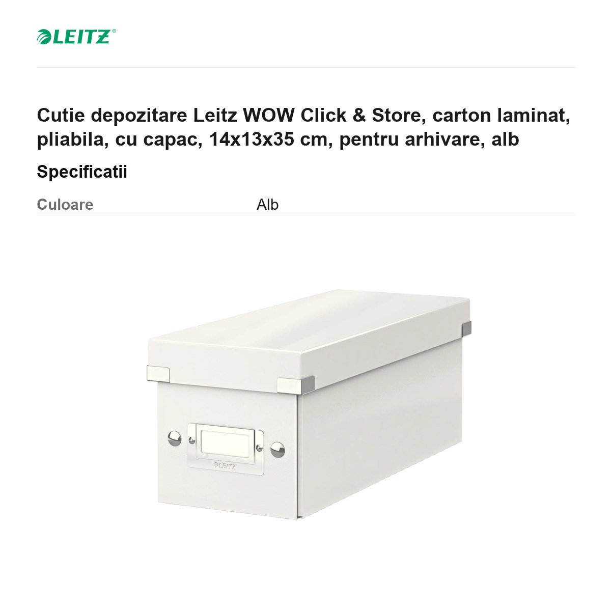 Cutie depozitare Leitz WOW Click & Store, carton laminat, pliabila, cu capac, 14x13x35 cm, pentru arhivare, alb [2]