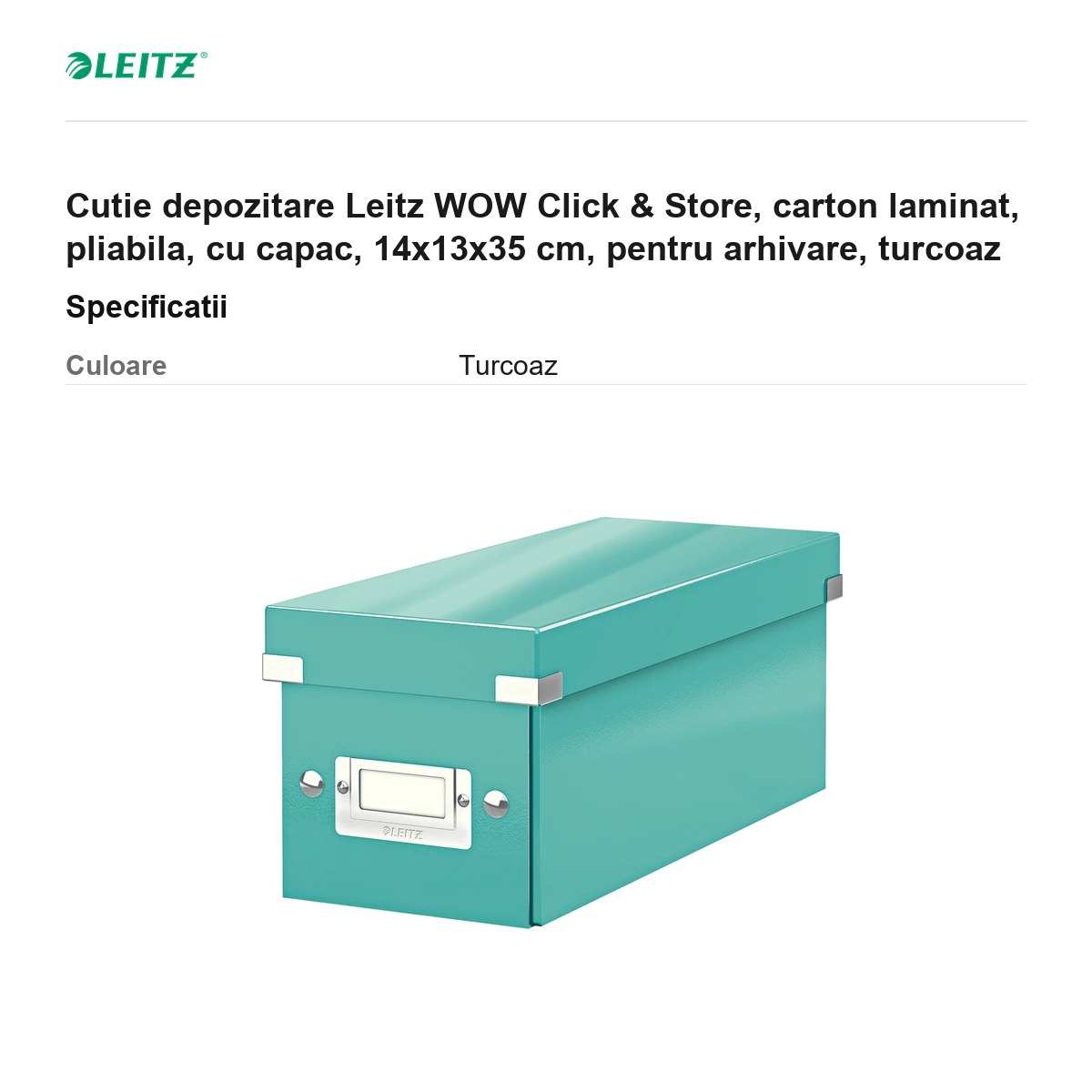 Cutie depozitare Leitz WOW Click & Store, carton laminat, pliabila, cu capac, 14x13x35 cm, pentru arhivare, turcoaz [2]