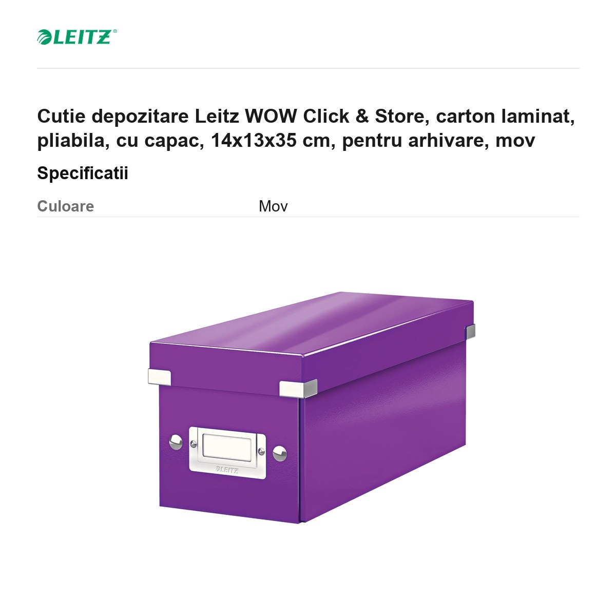 Cutie depozitare Leitz WOW Click & Store, carton laminat, pliabila, cu capac, 14x13x35 cm, pentru arhivare, mov [2]