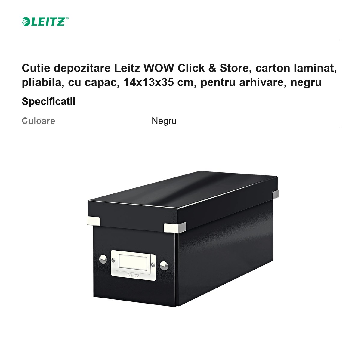 Cutie depozitare Leitz WOW Click & Store, carton laminat, pliabila, cu capac, 14x13x35 cm, pentru arhivare, negru [2]