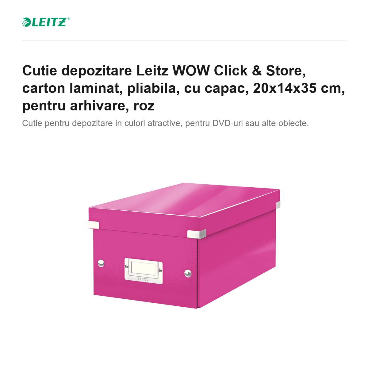 Cutie depozitare Leitz WOW Click & Store, carton laminat, pliabila, cu capac, 20x14x35 cm, pentru arhivare, roz [1]