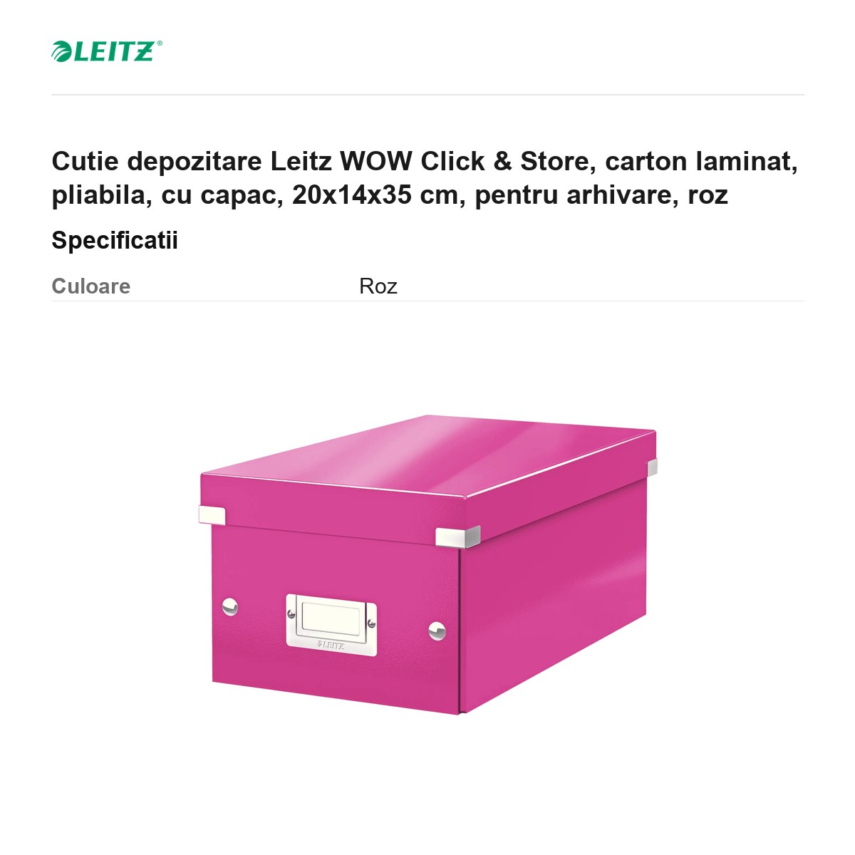 Cutie depozitare Leitz WOW Click & Store, carton laminat, pliabila, cu capac, 20x14x35 cm, pentru arhivare, roz [2]