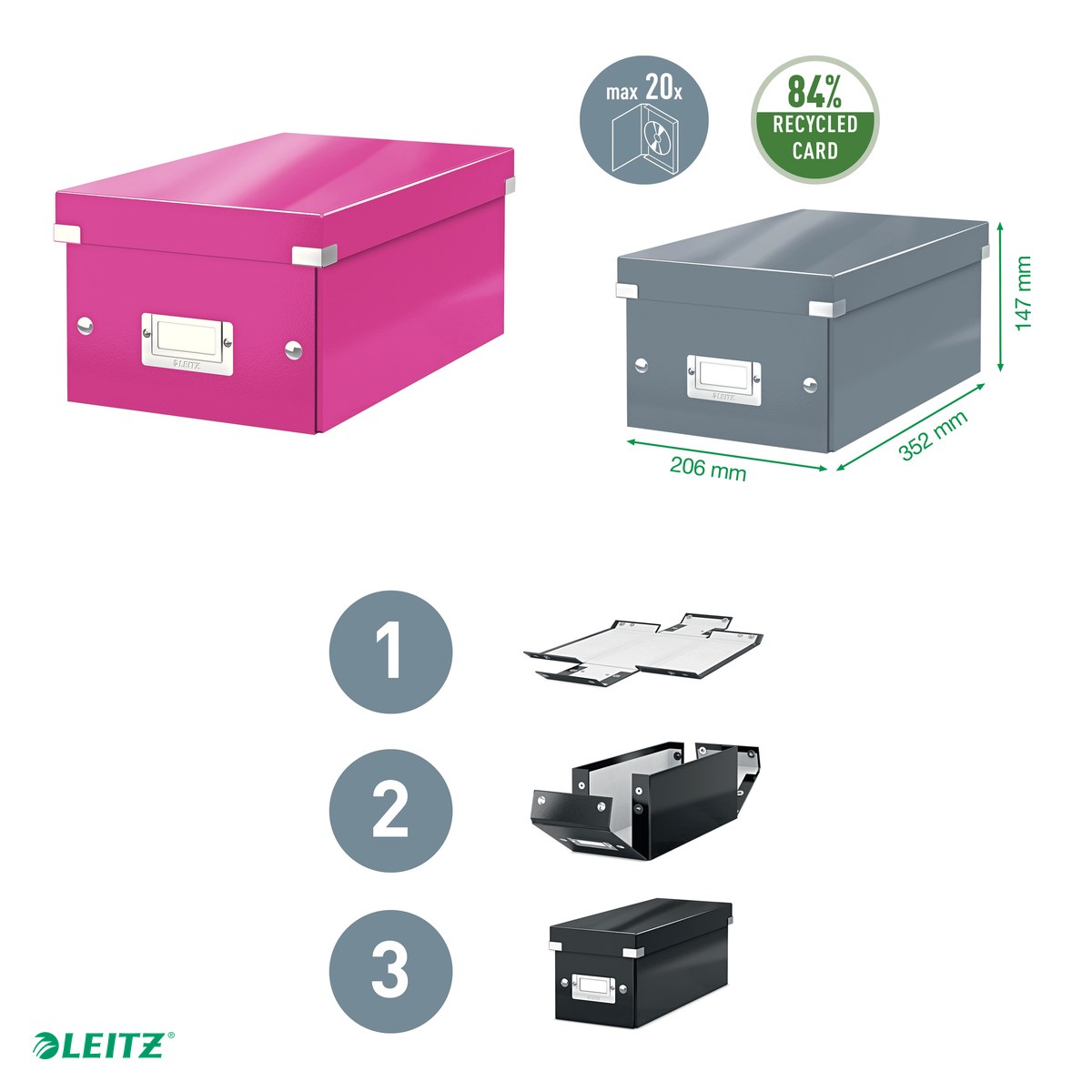 Cutie depozitare Leitz WOW Click & Store, carton laminat, pliabila, cu capac, 20x14x35 cm, pentru arhivare, roz [3]