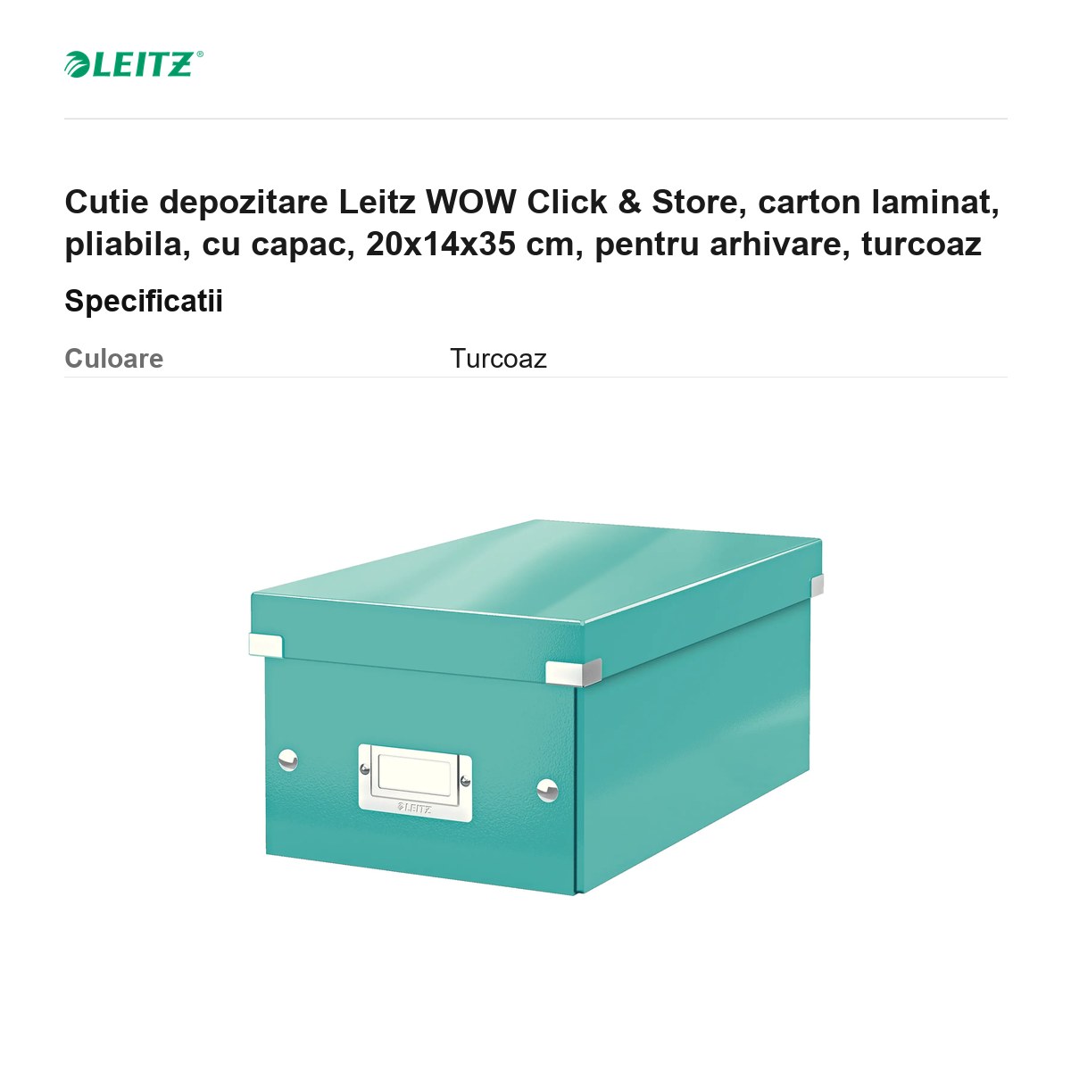 Cutie depozitare Leitz WOW Click & Store, carton laminat, pliabila, cu capac, 20x14x35 cm, pentru arhivare, turcoaz [2]