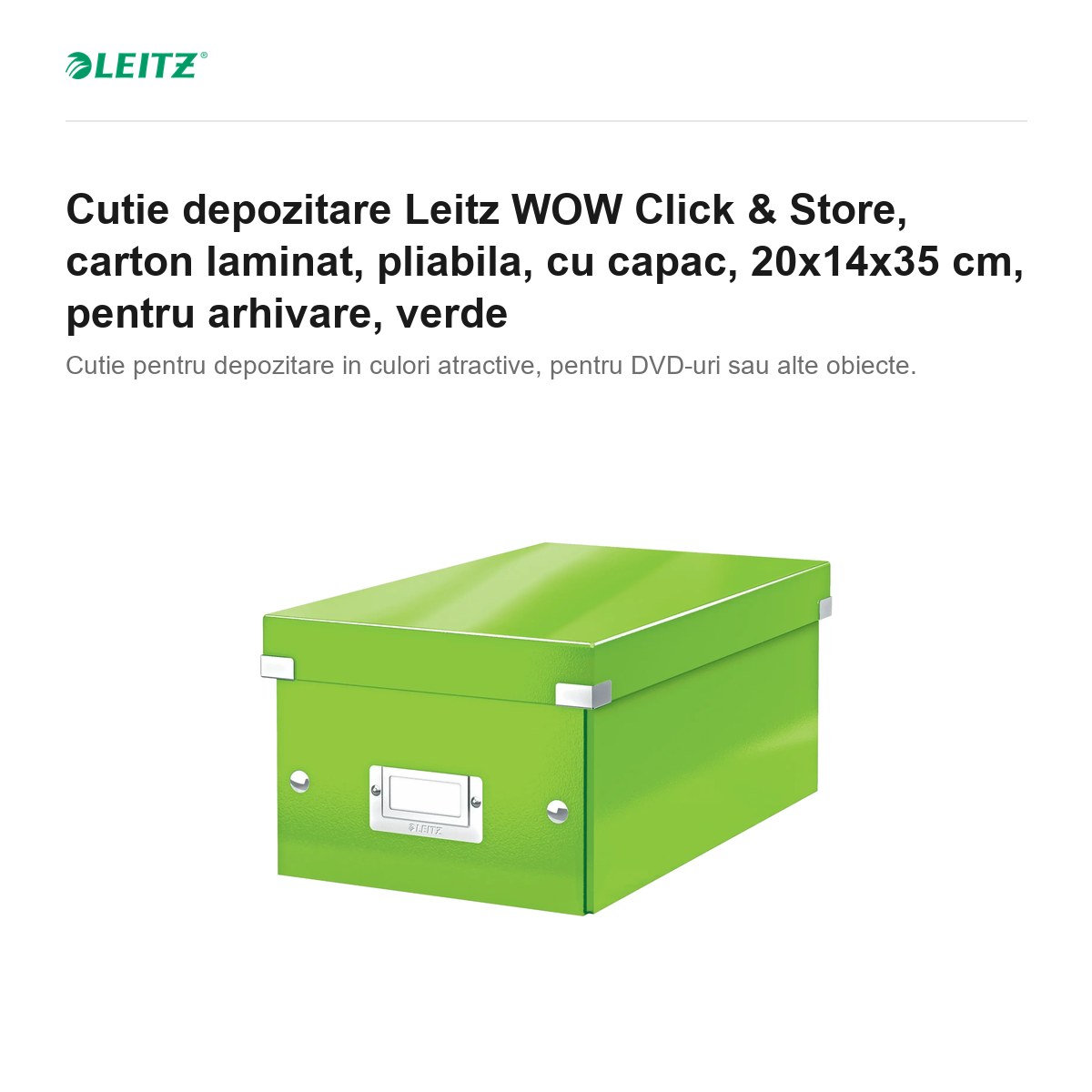 Cutie depozitare Leitz WOW Click & Store, carton laminat, pliabila, cu capac, 20x14x35 cm, pentru arhivare, verde [1]