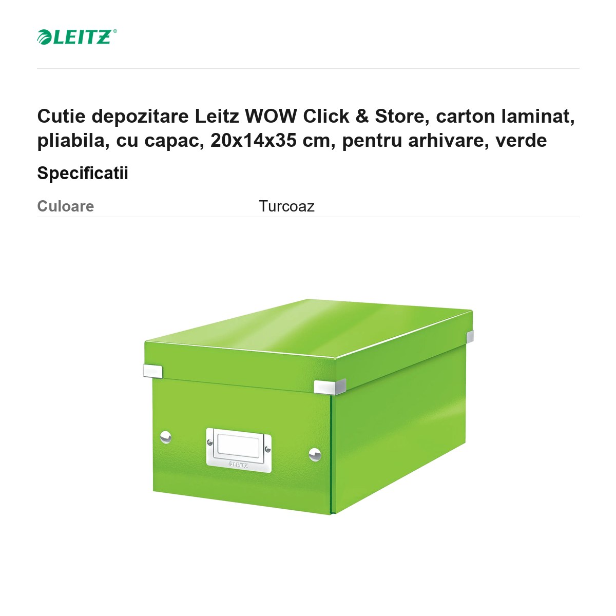 Cutie depozitare Leitz WOW Click & Store, carton laminat, pliabila, cu capac, 20x14x35 cm, pentru arhivare, verde [2]