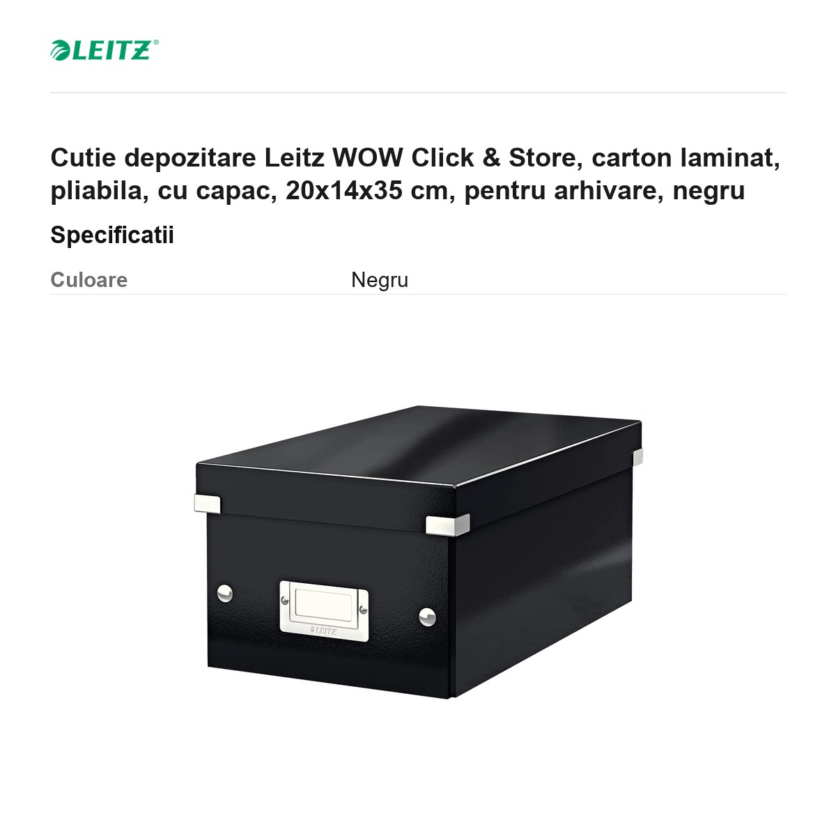 Cutie depozitare Leitz WOW Click & Store, carton laminat, pliabila, cu capac, 20x14x35 cm, pentru arhivare, negru [2]