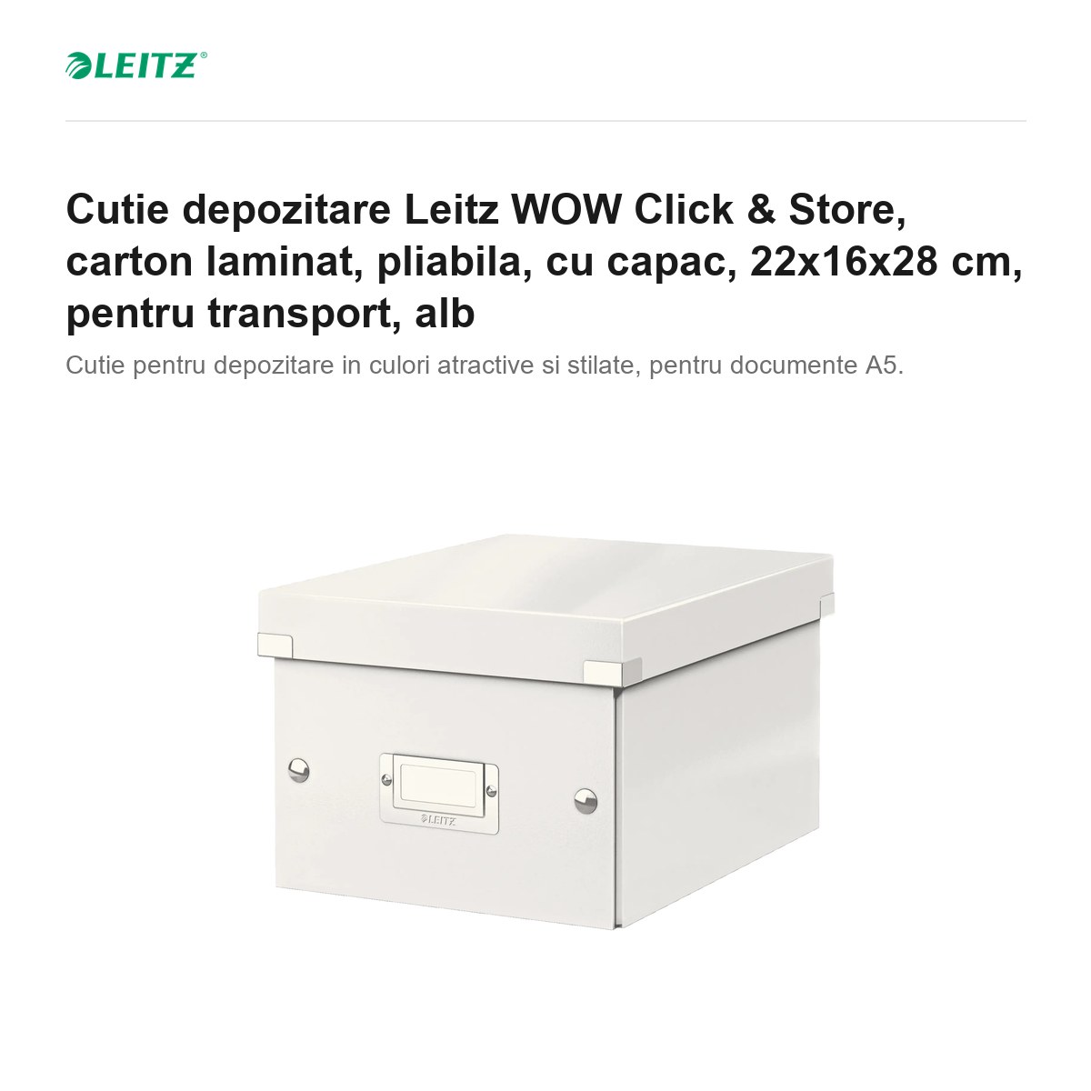 Cutie depozitare Leitz WOW Click & Store, carton laminat, pliabila, cu capac, 22x16x28 cm, pentru transport, alb [1]