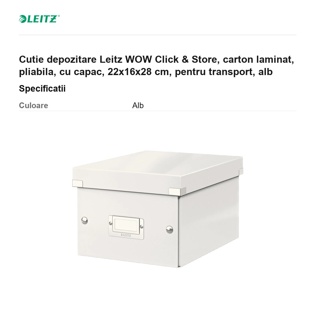 Cutie depozitare Leitz WOW Click & Store, carton laminat, pliabila, cu capac, 22x16x28 cm, pentru transport, alb [2]