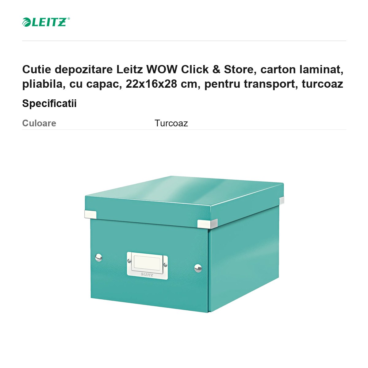 Cutie depozitare Leitz WOW Click & Store, carton laminat, pliabila, cu capac, 22x16x28 cm, pentru transport, turcoaz [2]