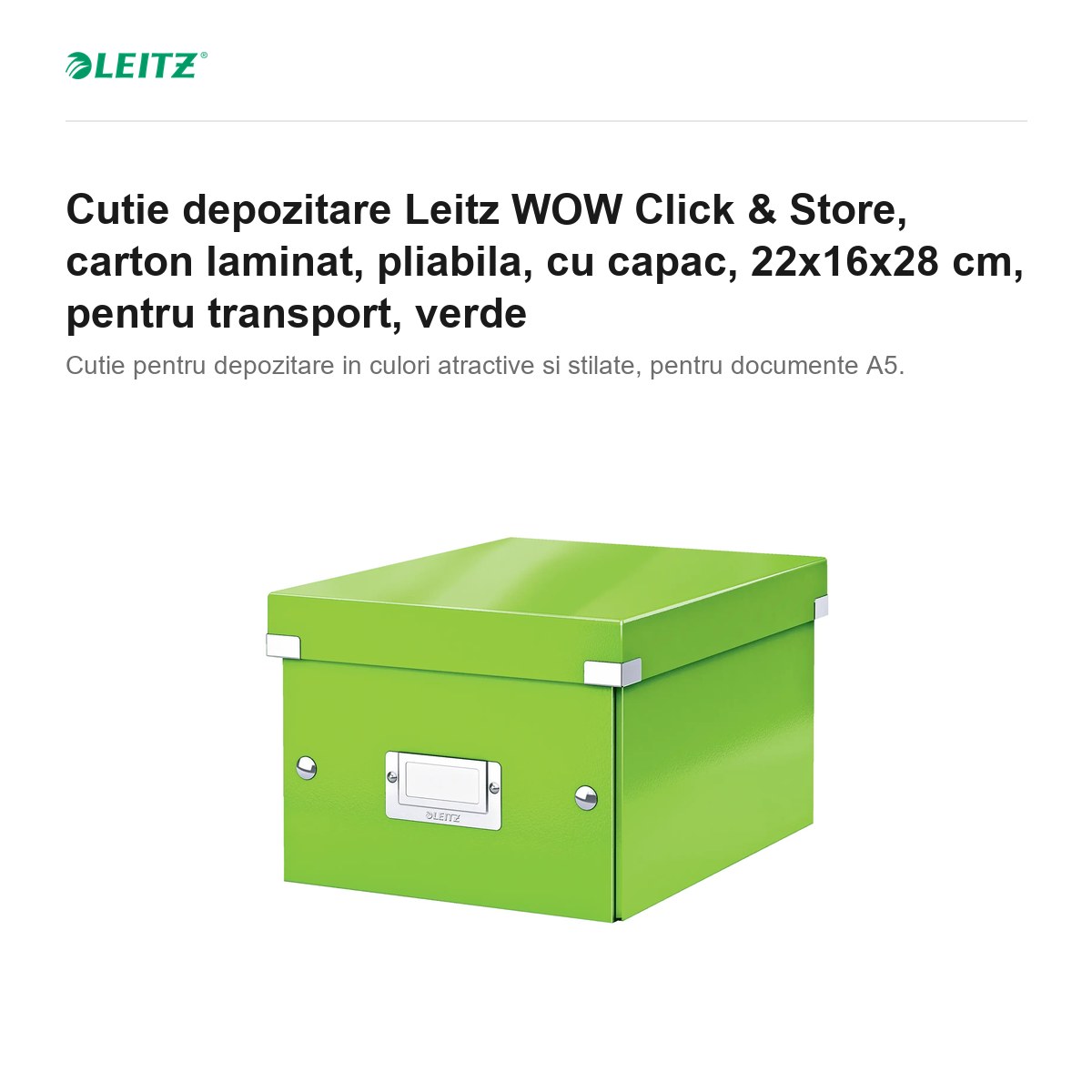 Cutie depozitare Leitz WOW Click & Store, carton laminat, pliabila, cu capac, 22x16x28 cm, pentru transport, verde [1]