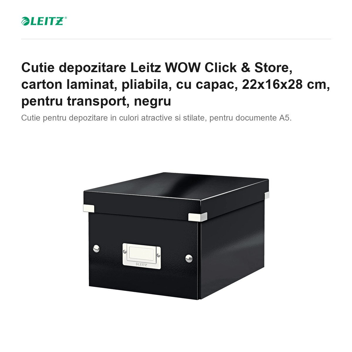 Cutie depozitare Leitz WOW Click & Store, carton laminat, pliabila, cu capac, 22x16x28 cm, pentru transport, negru [1]
